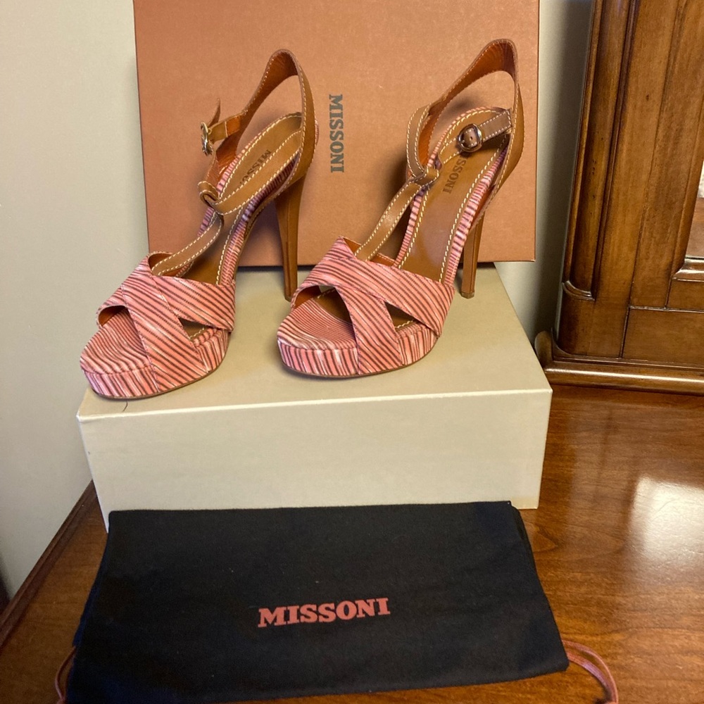 Missoni Italian Designer Signature Pink & Tan T-Strap High Heel Sandals